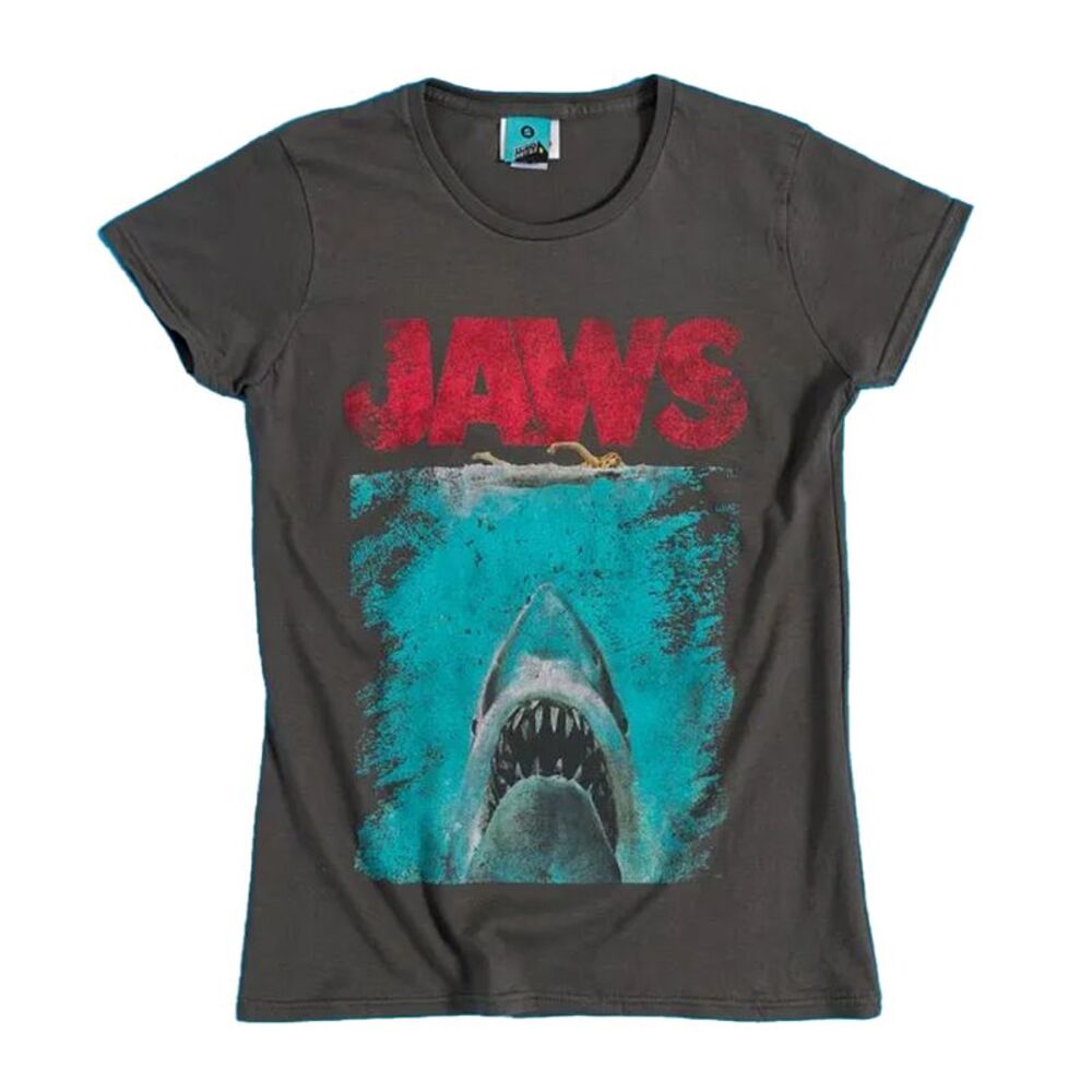 Jaws Womens/Ladies Movie Poster Distressed Fitted T-Shirt / Black/Charcoal